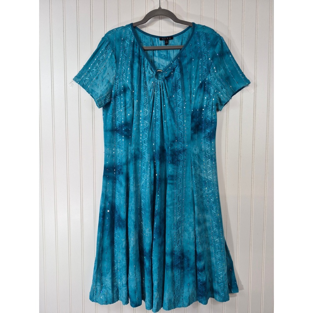 Sami & Jo Womens Large Turquoise Blue Tie Dye Sequin Embroidered V-Neck Dress